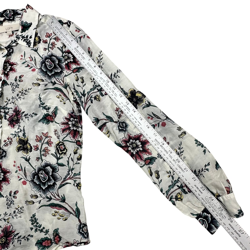 LOFT Womens White Floral Silk Cotton Blend‎ Button Down Shirt Long Sleeve Size M - Picture 11 of 15